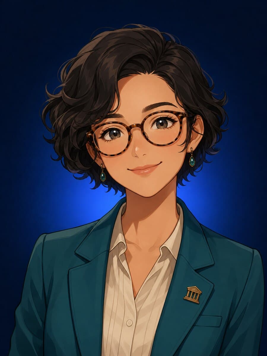An illustrated museum guide with glasses and a teal blazer, smiling