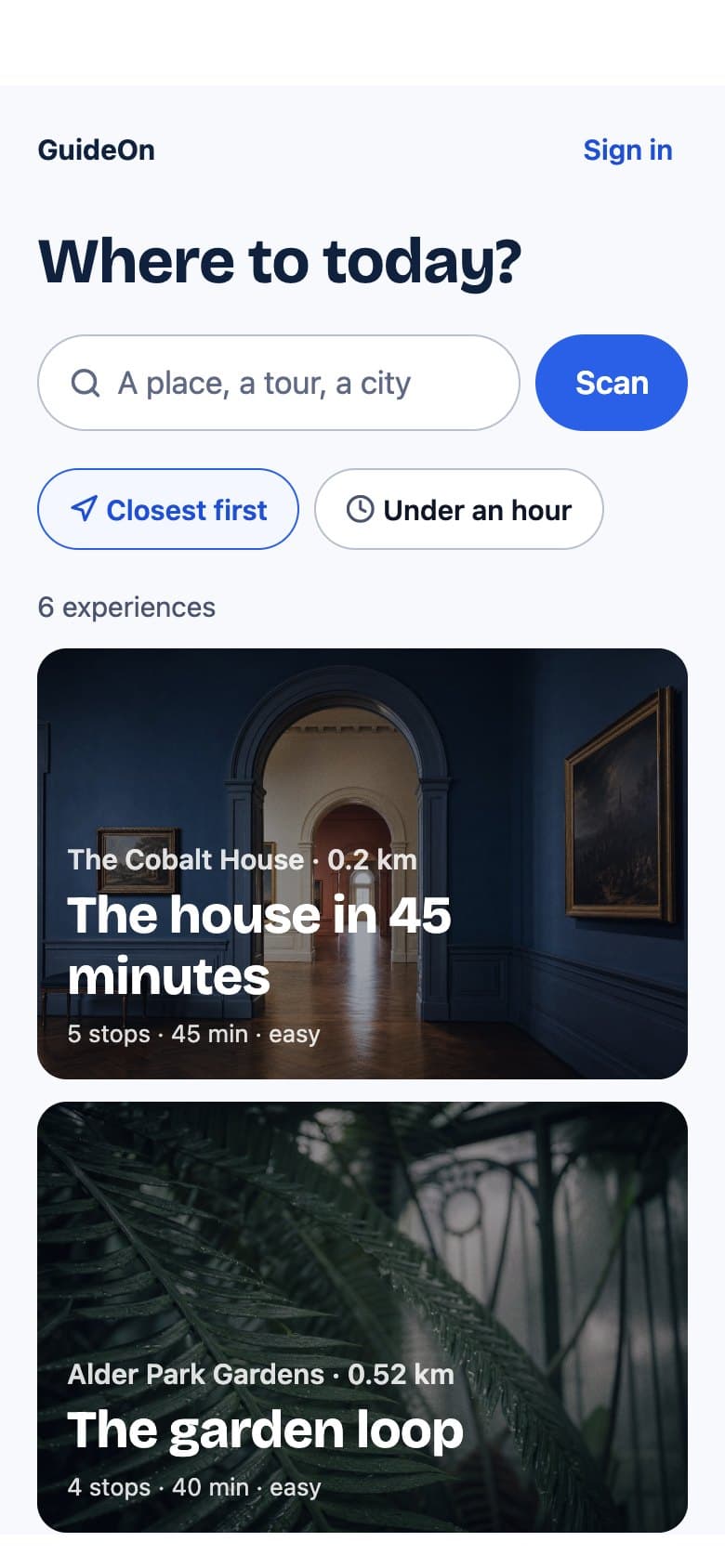 The visitor app home: a search field and a Scan button