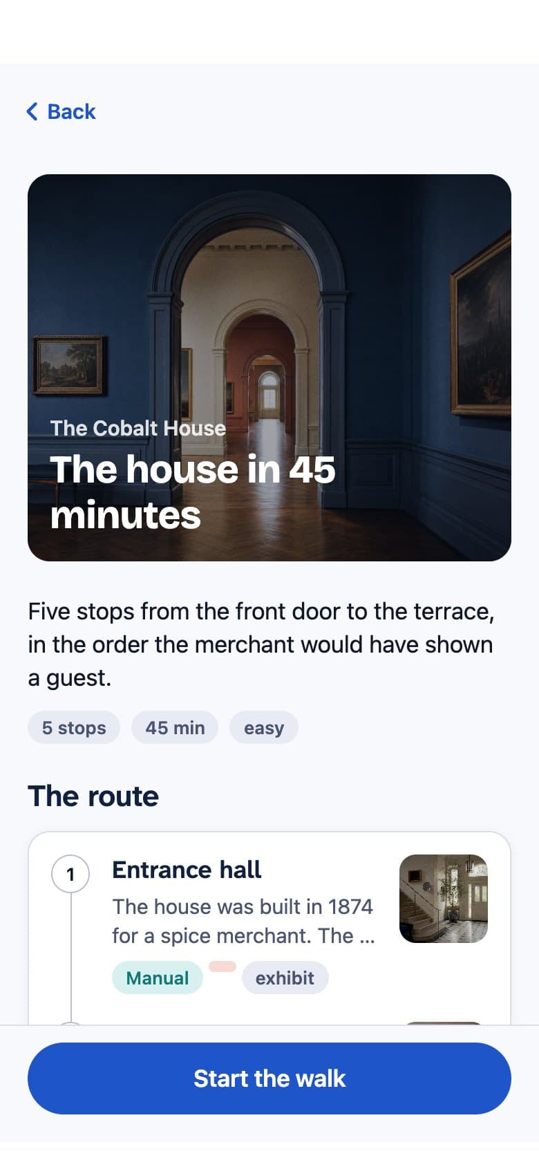 A route in the visitor app with the stops listed and a Start the walk button