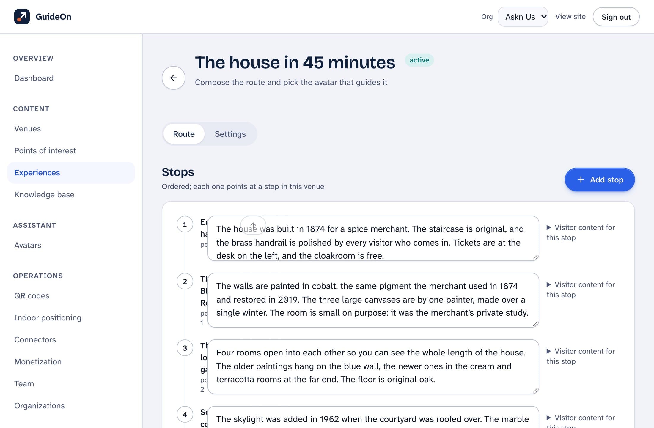 The dashboard's route editor: an ordered list of stops with narration