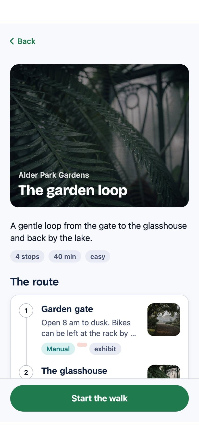 The visitor app showing a garden route with a green Start the walk button
