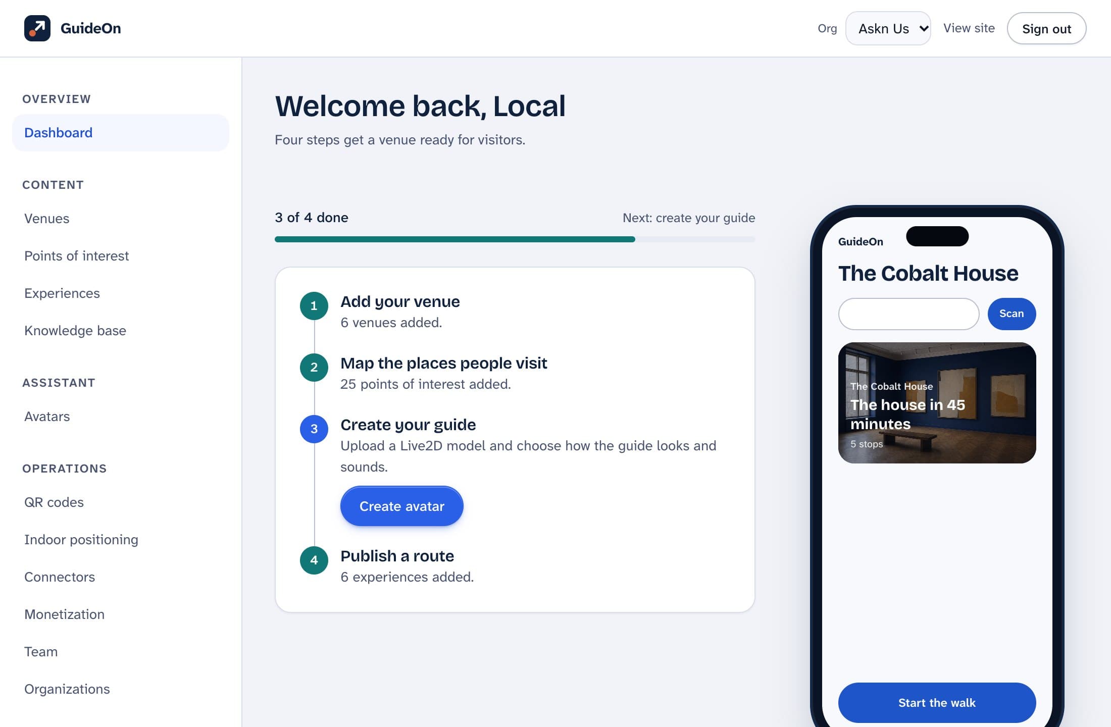The dashboard's studio: setup progress and a live phone preview